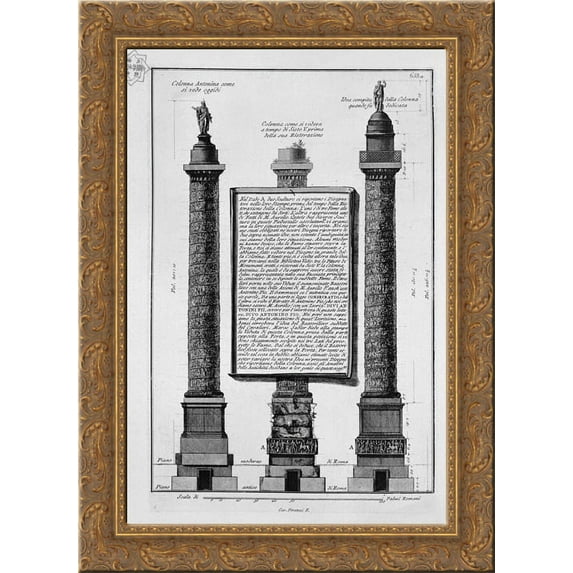 The Antonine column originally, at the time of Sixtus V, and after restoration 20x24 Gold Ornate Wood Framed Canvas Art by Piranesi, Giovanni Battista