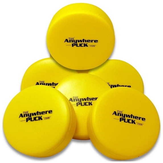 Anywhere Sports: The Anywhere Puck - 6pk Yellow Foam Hockey Training Pucks, Super Soft & Durable, Indoor Rink & Outdoor Play, Storage Bag, Kids 3+