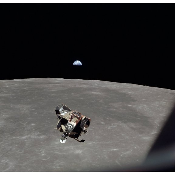 The Apollo 11 Lunar Module Ascending From Moon'S Surface. In The Background Is Mare Smythii With The Earth On Horizon.
