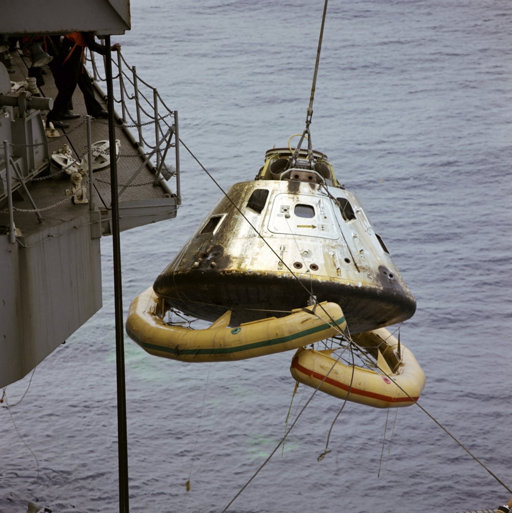 The Apollo 9 Command Module is hoisted aboard the recovery ship Canvas Art - Stocktrek Images (28 x 28)
