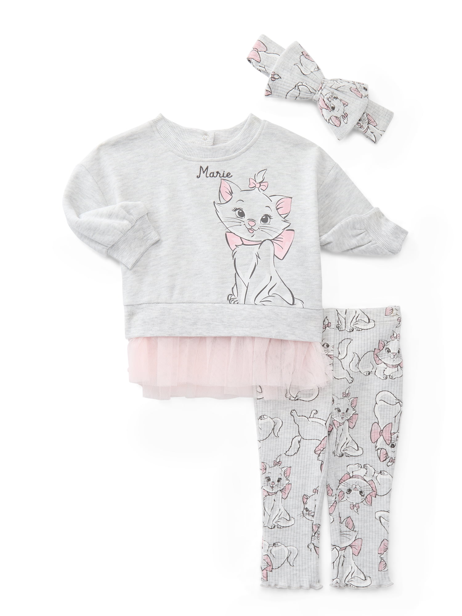 The Aristocats Marie Baby Girls Graphic Tulle Sweatshirt and Printed Leggings with Bow Headband Set, 3-Piece, Sizes 0/3M-24M