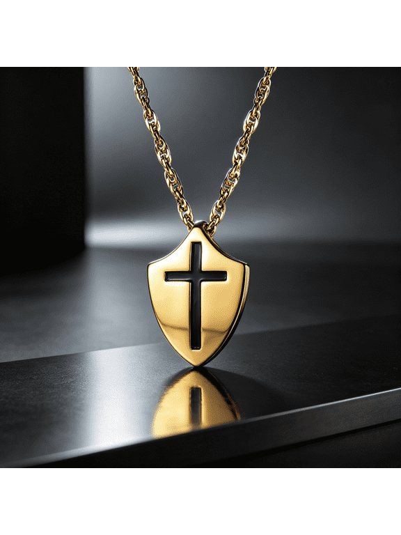 The Armor Of God Shield Cross Pendant Necklace, Bible Faith Inspired Motif, 14K Gold Filled Complete Water Wave Chain, Meaningful Decorative Jewelry