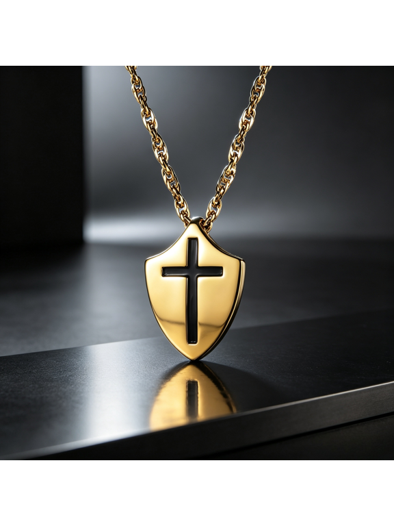 The Armor Of God Shield Cross Pendant Necklace, Bible Faith Inspired Motif, 14K Gold Filled Complete Water Wave Chain, Meaningful Decorative Jewelry