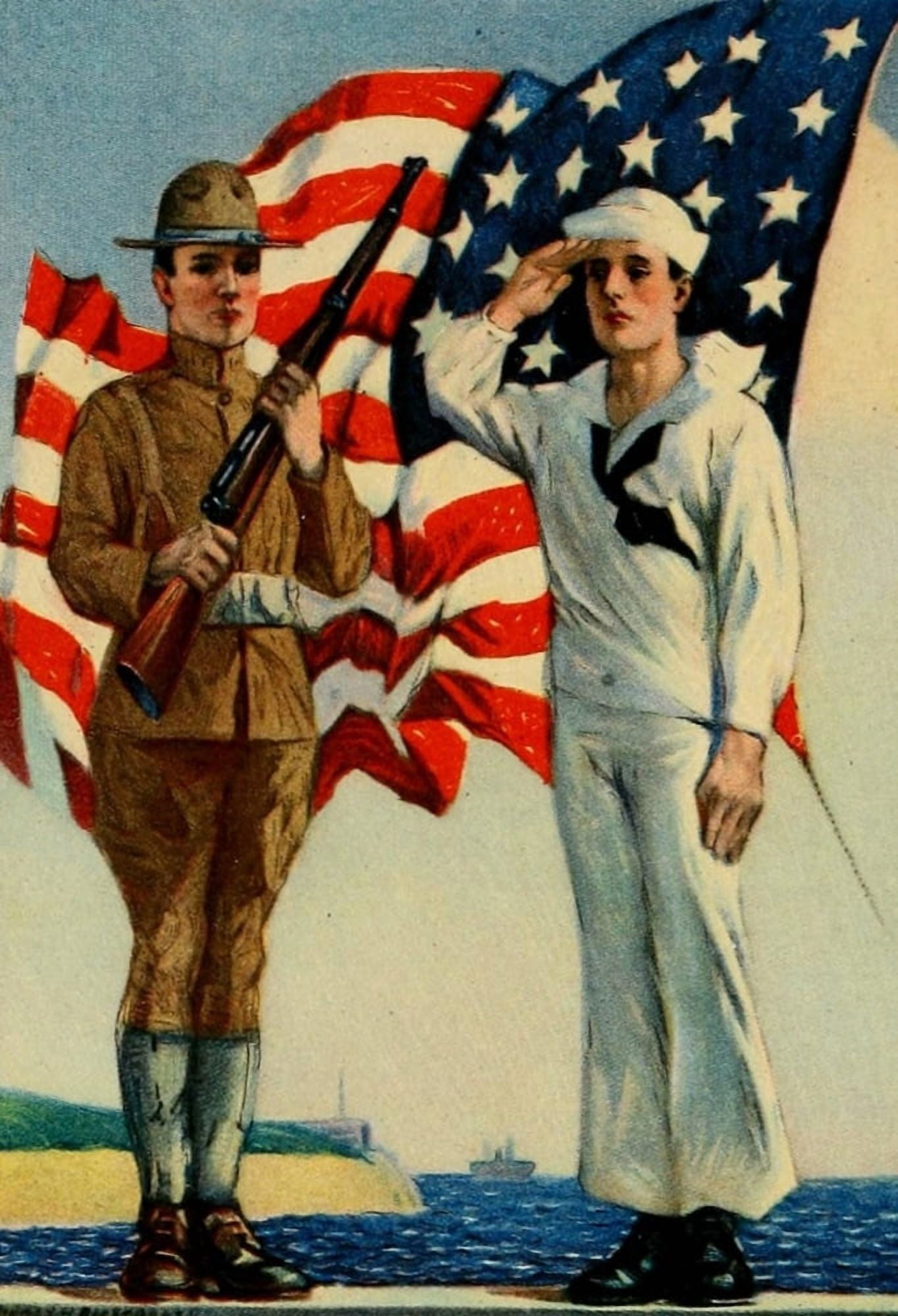 The Army & Navy of the US 1917 Soldier & Marine Canvas Art - Unknown (18 x 24)