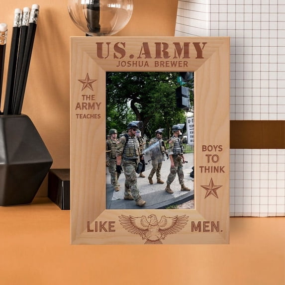 The Army Teaches Boys To Think Like Men Personalized Wooden Frame 4" x 6" Brown (Vertical)