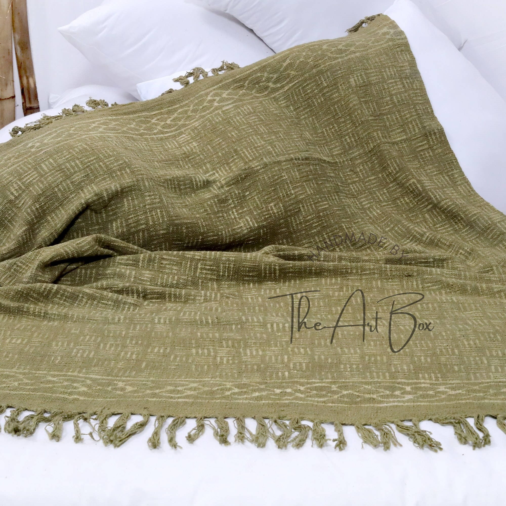 The Art Box 100 Cotton Blanket Breathable Soft Mud Cloth Cotton Throws Green Daabu Tasseled Throws All Season Light Weight Blanket for Home Decoration 50 x 60 in Walmart
