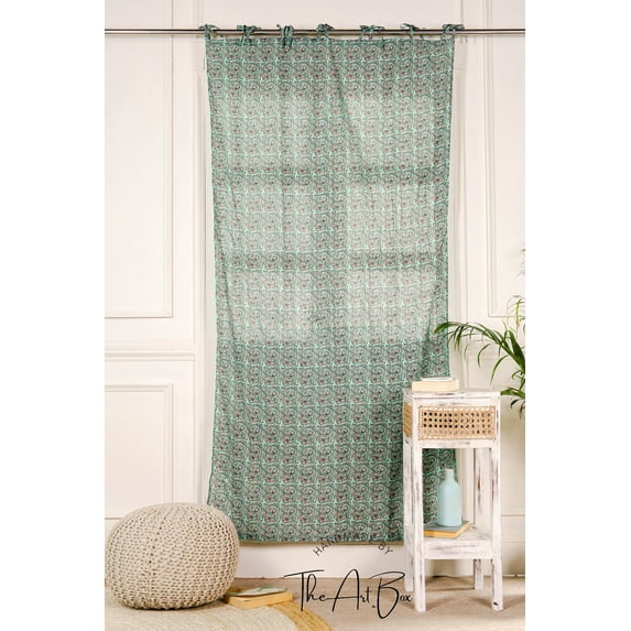 The Art Box 100% Cotton Printed Window Curtain Panels, Light filtering Tie Top Curtains Drapes for Bedroom, Curtain for Living Room, Window 2 Panels Set, Mum Leaf Floral Printed, 52 x 63 in