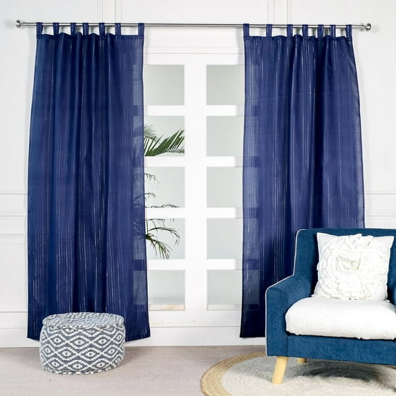 The Art Box Cotton Tab Top Curtains Panels Set for Bedroom and Living Room, Window Curtain Drapes, Glittery Silver Shimmer Stripes Curtains, 2 Pack, Navy Blue, 35"w x 95"l in