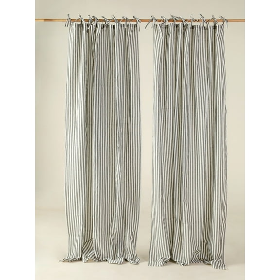 The Art Box Gauze Linen Striped Curtain Tie Top Green Window Curtain Panel Pack of 2 Curtain Set, 52" x 18"
