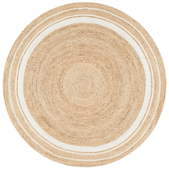 The Art Box Natural Jute Area Rug, 8 x 8 feet Hand Braided Round Rugs for Bedroom Kitchen Living Room, Jute Centre Table Carpet, Home Farmhouse Decor Rugs, Beige & White