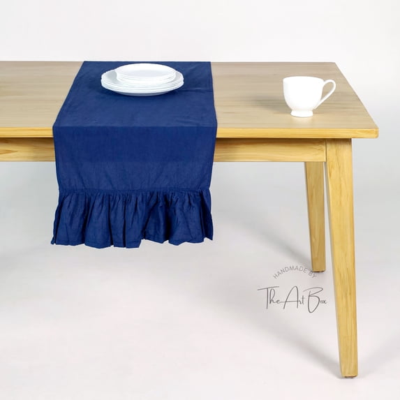 The Art Box Table Runner -12 x 120 Inches Blue Rectangular Solid Ruffled Table Runner Kitchen Dining Table Decor, 100% Cotton Runner for Weddings Party Banquets Decor, Fit Rectangle and Round Table