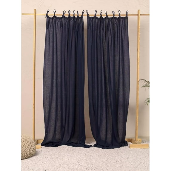 The Art Box Tie Top Linen Curtains Solid Dark Blue 35w x 108l inch Curtains Living Room Bedroom Drapes Gauze Linen Blended Farmhouse Curtains Pack of 2