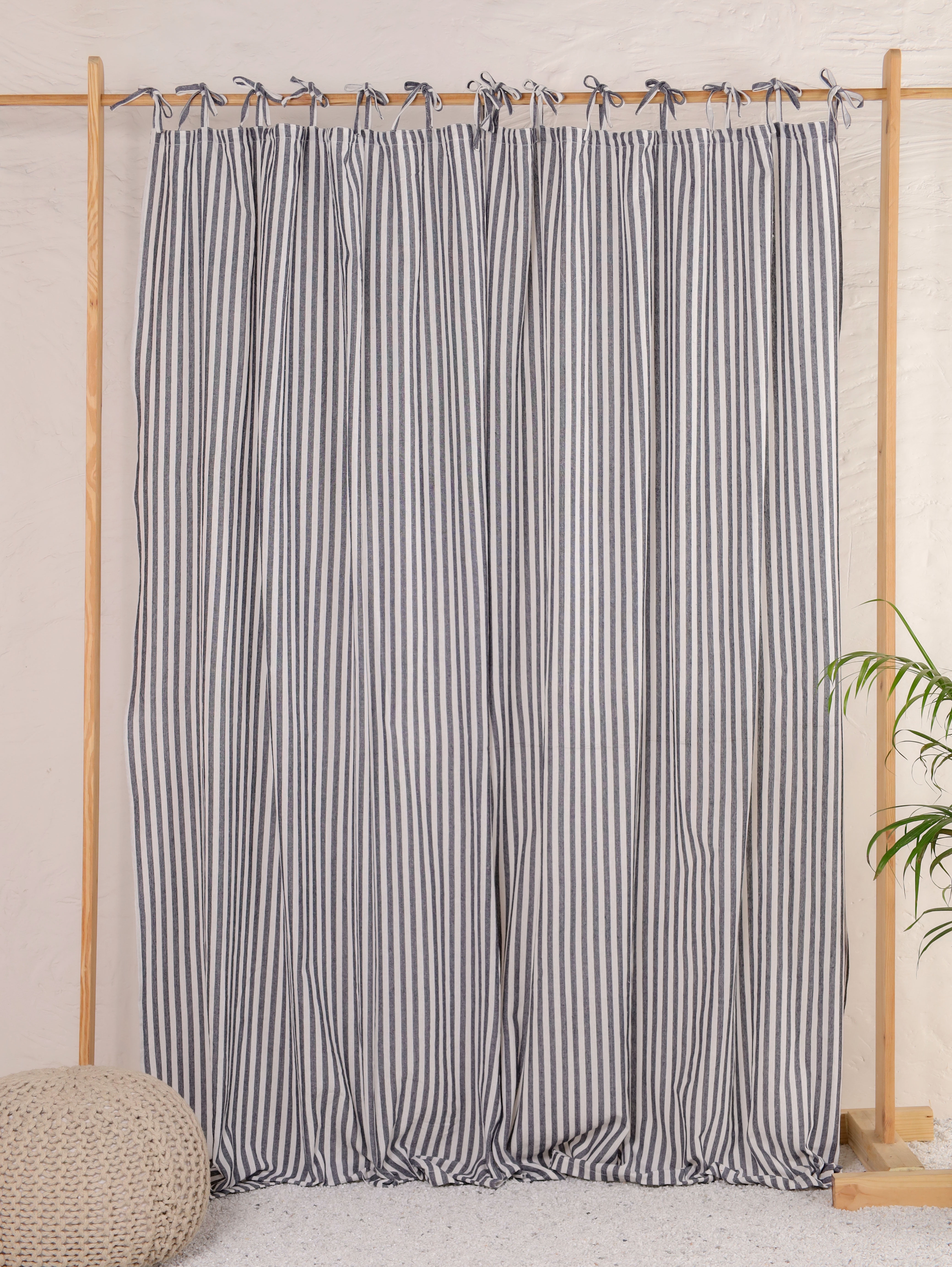 The Art Box Tie Top Linen Curtains Striped Black Textured Curtains Living Room Bedroom Drapes Linen Farmhouse Curtains Pack of 2, 52"W x 36L" in