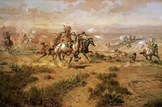The Attack On The Wagon Train Canvas Art - Charles M Russell (12 x 18)