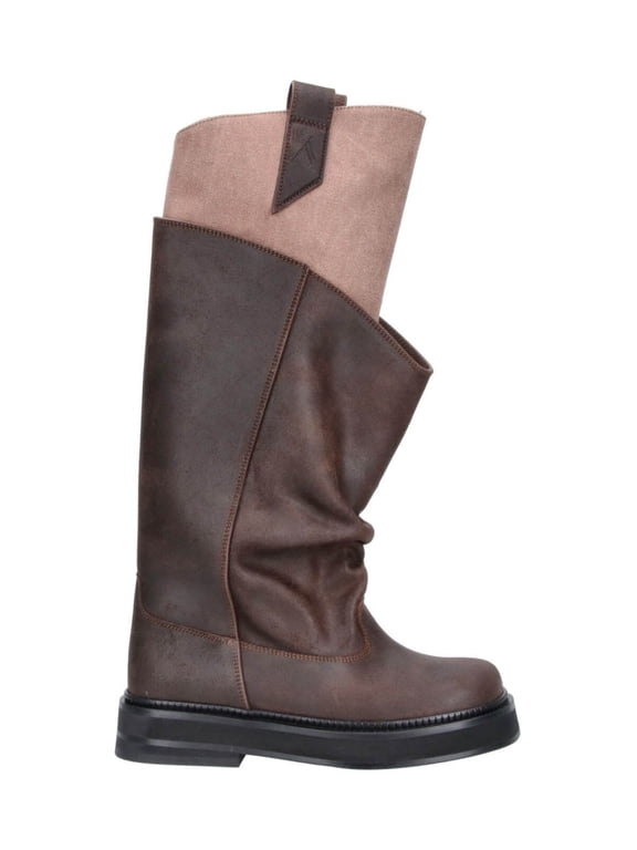 Slouchy Dark Brown Leather Boots With Light Beige Cuff Brown (Women's)