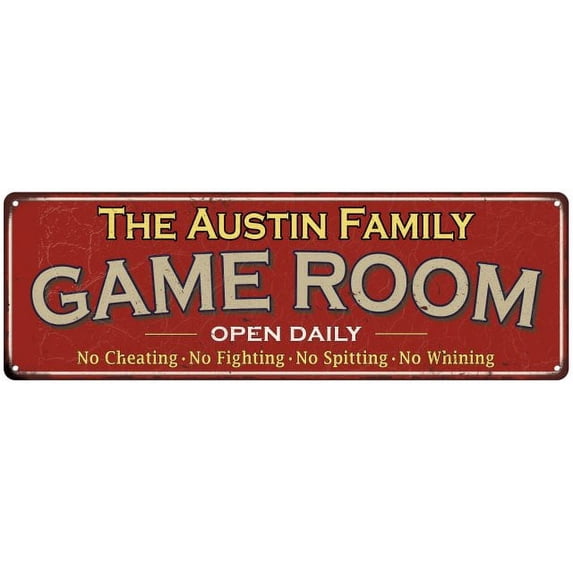 The Austin Family Red Game Room Metal 6x18 Sign 106180038434
