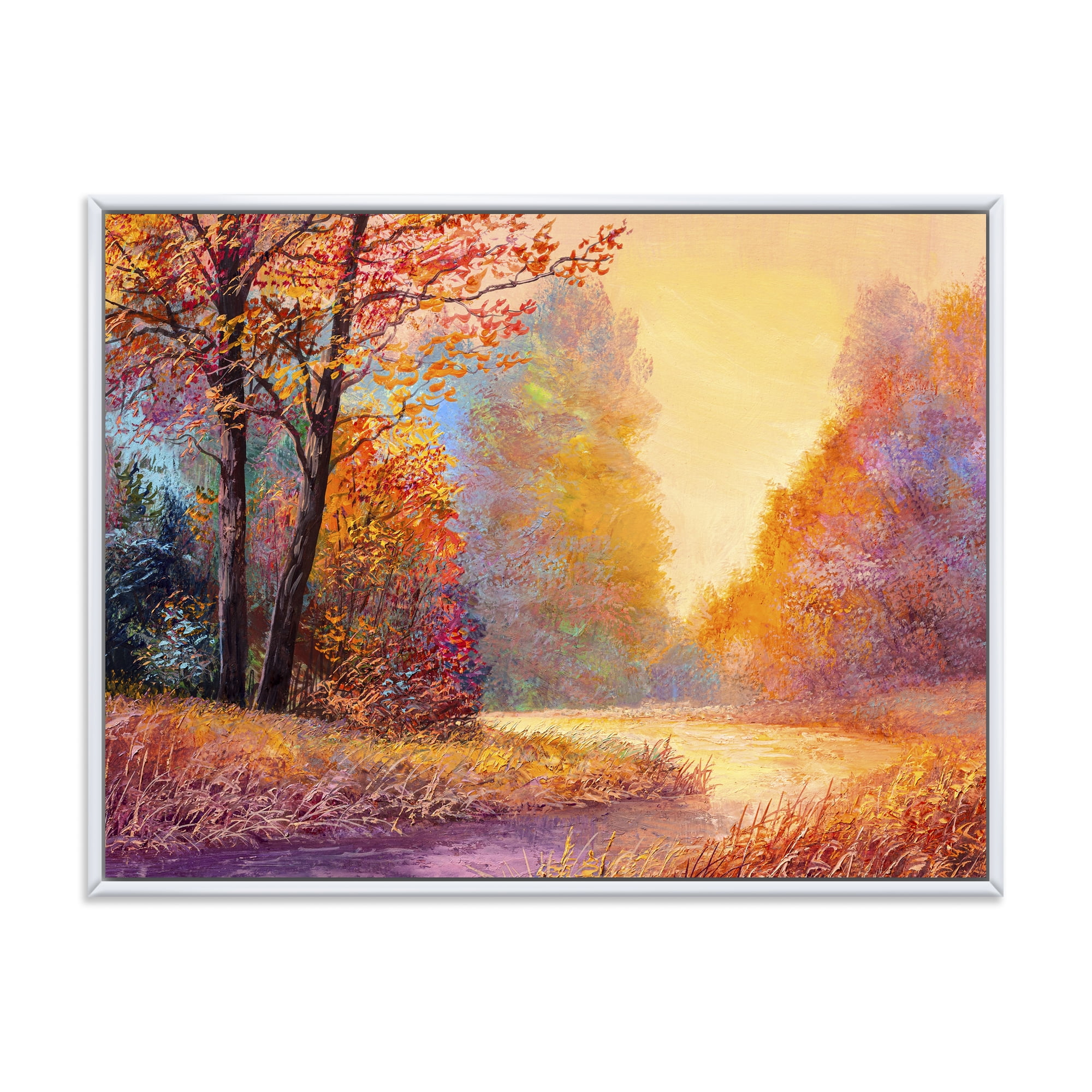The Autumn Forest Orange Leaves Landscape With Path 32 in x 16 in Framed Painting Canvas Art Print, by Designart