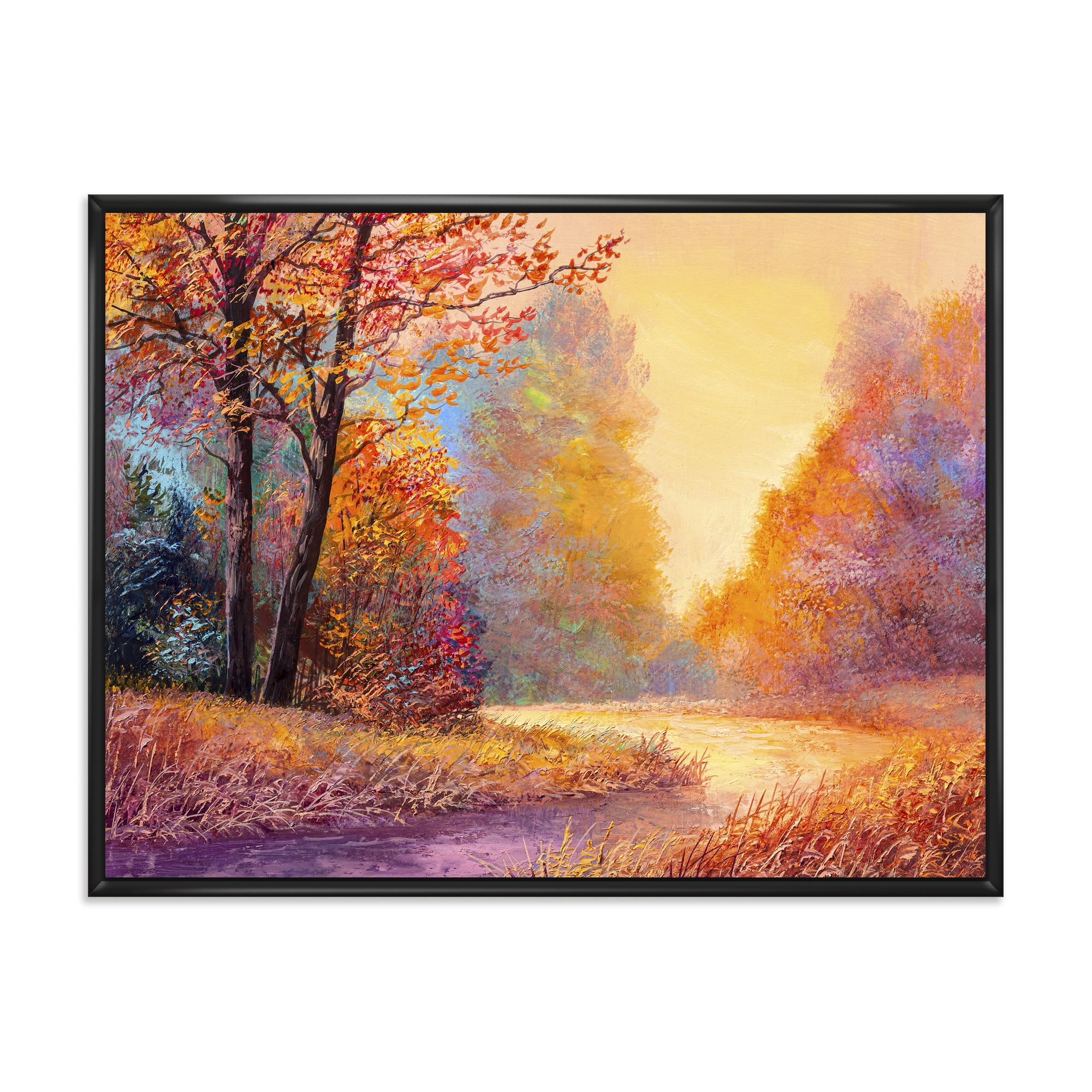 The Autumn Forest Orange Leaves Landscape With Path 32 in x 16 in Framed Photography Canvas Art Print, by Designart