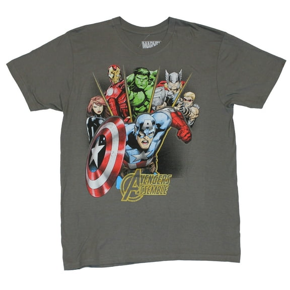 The Avengers Mens T-Shirt - "Assemble" Cap Under 5 Heroes In Sunburst Pattern (Medium)