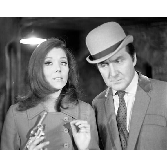 The Avengers TV Diana Rigg Patrick Macnee Peel holds gun & Steed 8x10 photo