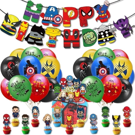 The Avengers Theme Birthday Party Decor Supplies Kits, Including Banner, Balloons, Cake Toppers, Cupcake Toppers.