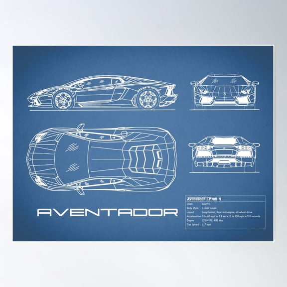 The Aventador Blueprint Poster Wall Art, Modern Wall Decor, 16x24 UNFRAMED