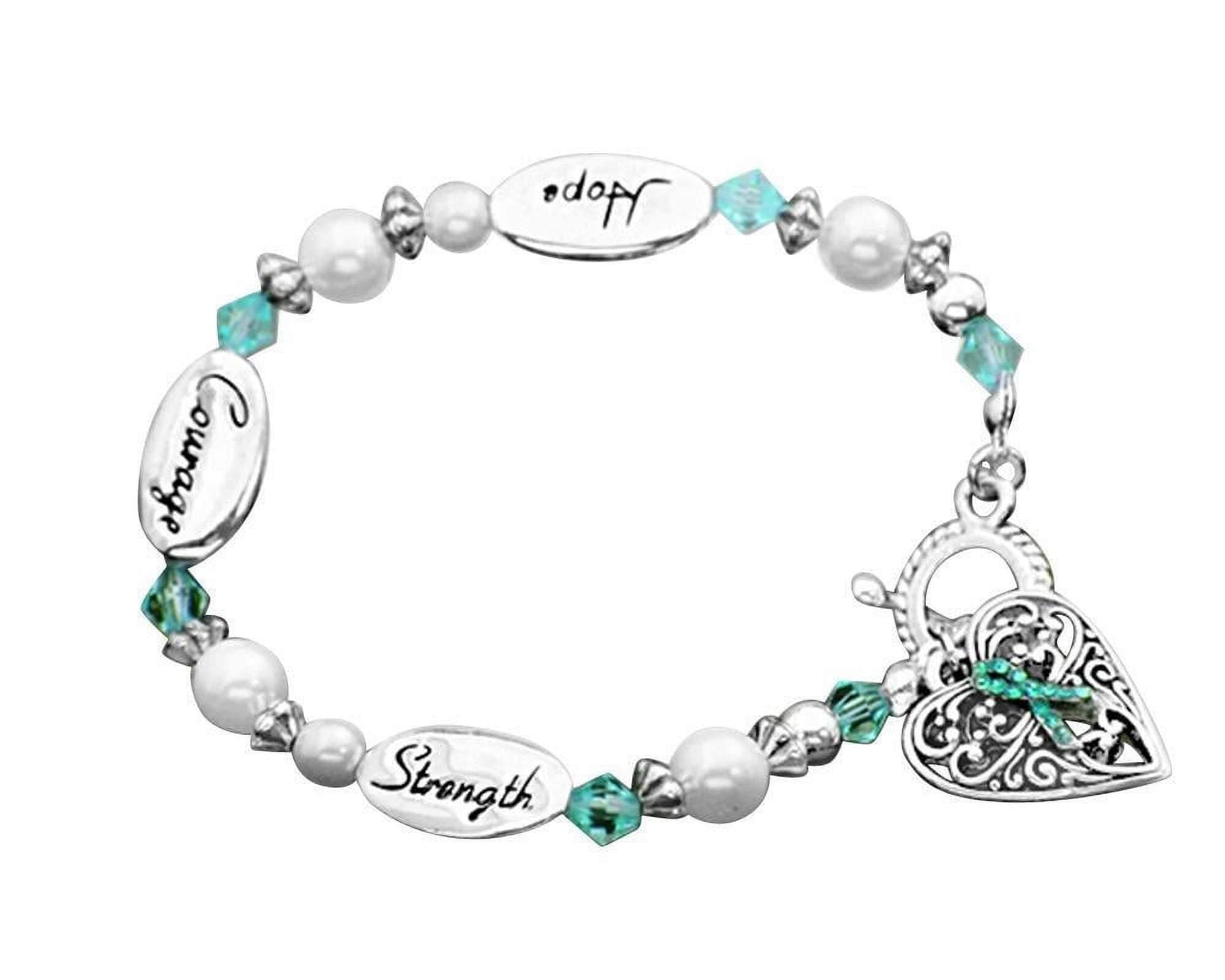 Teal Ribbon Stretch Bracelet - Sterling Silver Plated, 'Where There Is Love' Heart Charm, Gift Box