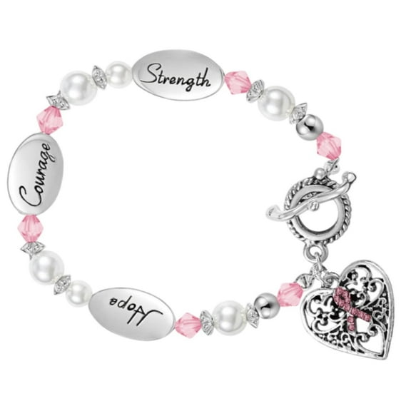 The Awareness Company Sterling Silver Pink Ribbon Hope Strength Courage Medical ID Bracelet, 1 Pack