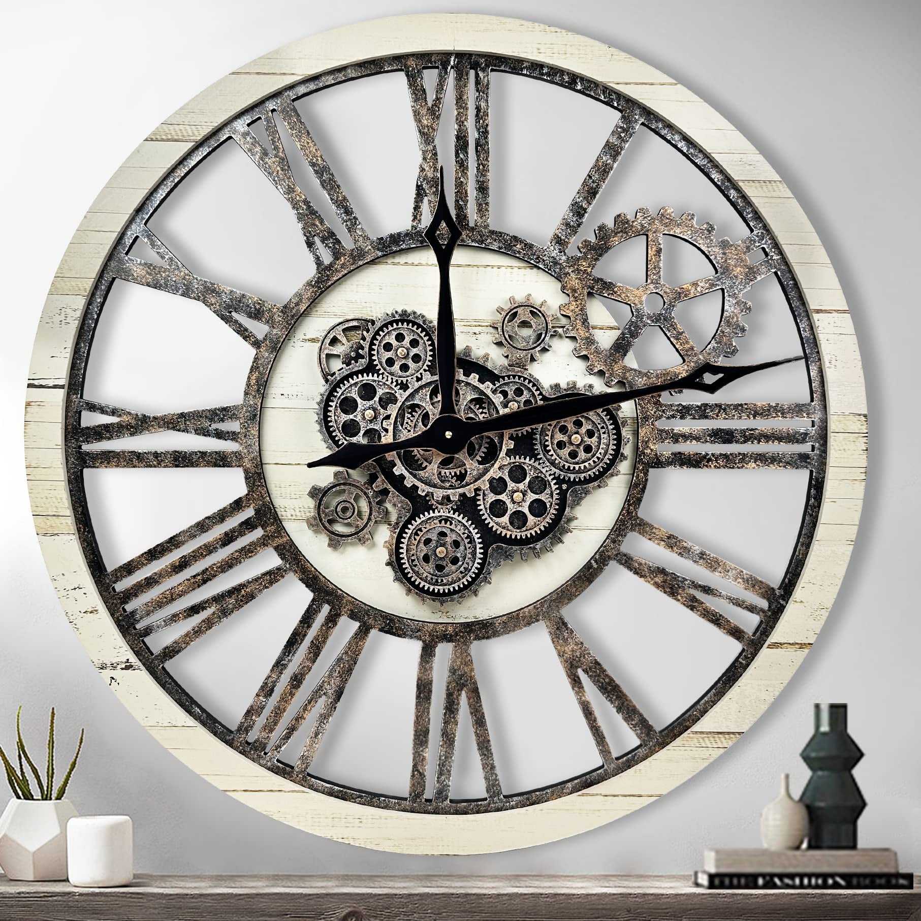 The BStyle Large Real Moving Gears Wall Clock 30 inch Rustic Retro
