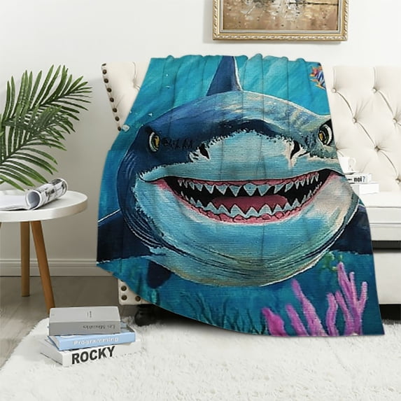 The BCIIG Shark Blanket is soft, lightweight, warm, comfortable, fluffy flannel-colored underwater scene blanket perfect for sofas, travel, beds, and living rooms – men and women adults