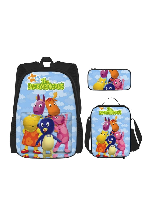The Backyardigans 3 Piece Cartoon Backpack Set Laptop Backpack Waterproof Lunch Bag and Print Pencil Holder Case Casual Daypack