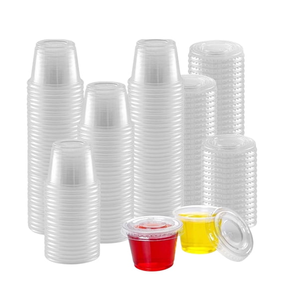 The Baker Celebrations 1 oz Clear Plastic Jello Shot Cups with Lids, 300 Sets, Disposable Portion Cups for Condiments, Sauces, Dressings, Tastings, Samples and Party Shots