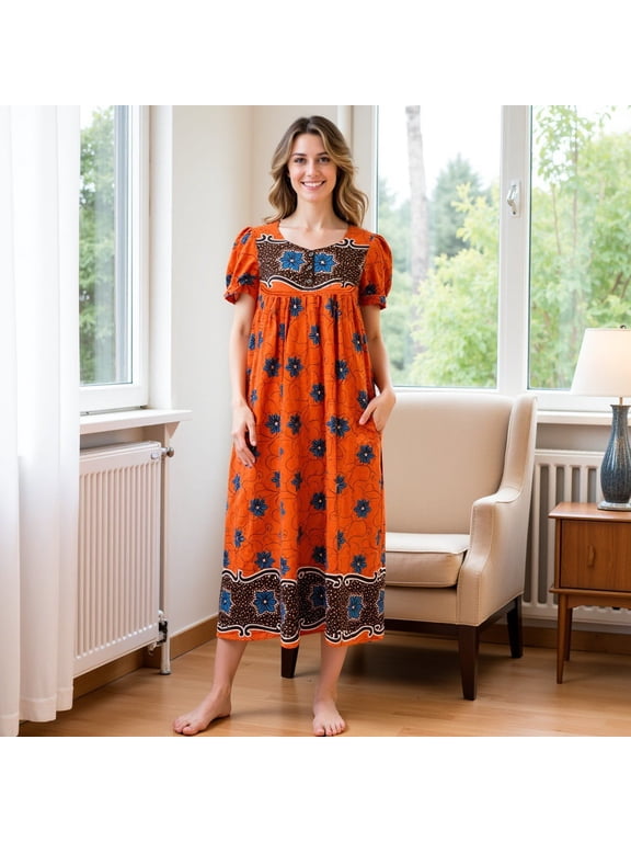 Women's Cotton Muu Muu/House Dress/Lounge Dress Multi-Color Border Print Lounger with 3 Button Bib Yoke