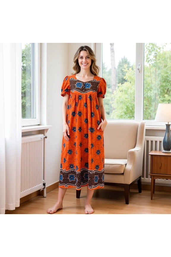 Women's Cotton Muu Muu/House Dress/Lounge Dress Multi-Color Border Print Lounger with 3 Button Bib Yoke