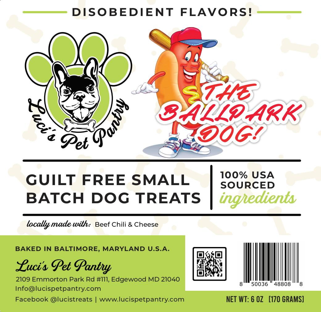 The Ballpark Dog "Chili Cheese Hotdog Biscuits" Homemade Dog & Puppy Treats! Gift Box with 4 - 6 oz. Treat Bags