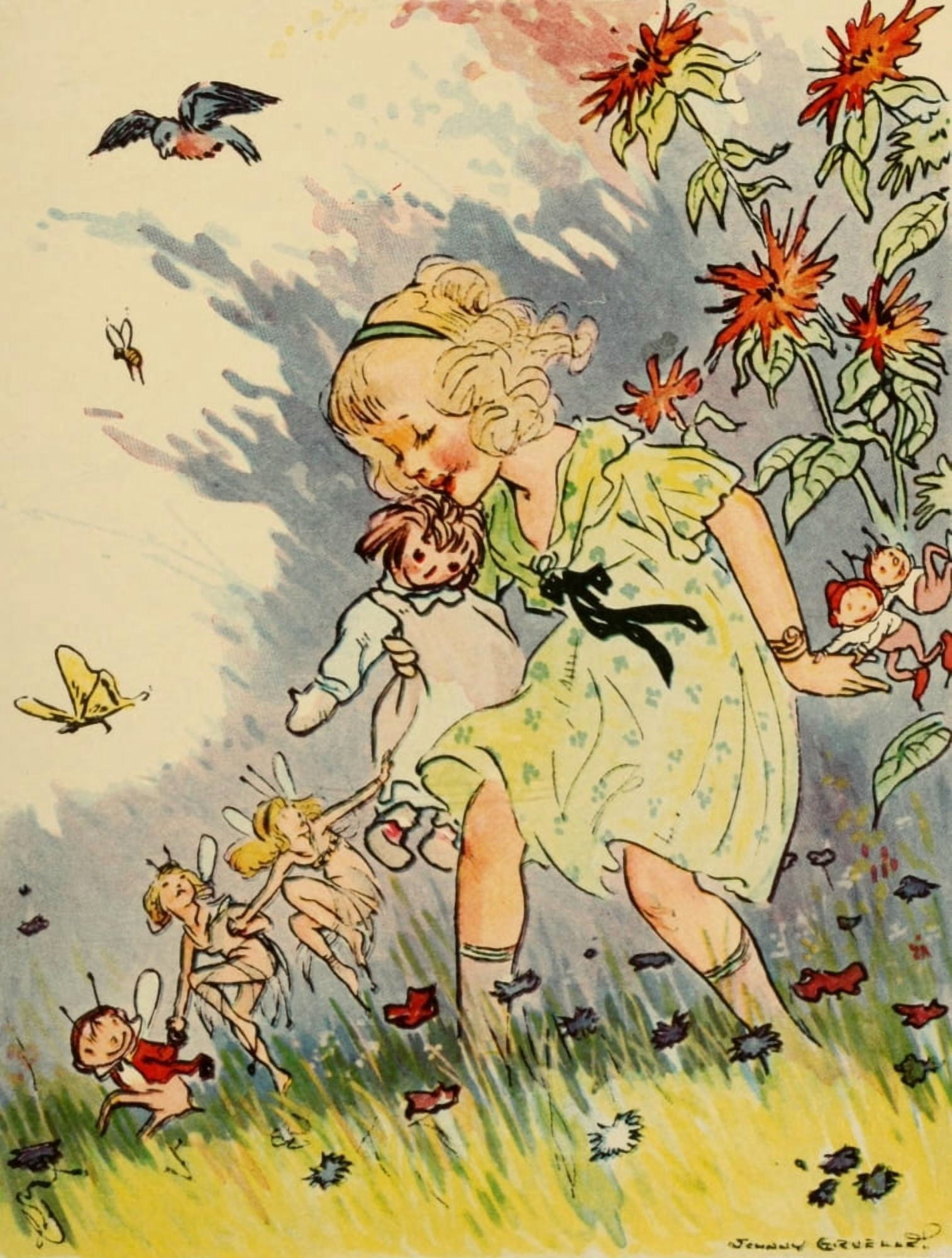 The Bam Bam Clock 1920 Fairies in the meadow Canvas Art - Johnny Gruelle (18 x 24)
