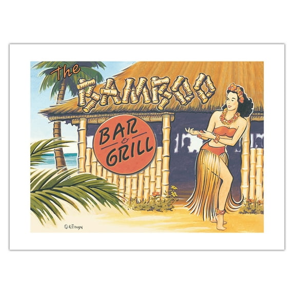 The Bamboo & Bar Grill - Hawaii Hula Dancer - Vintage Hawaiian Travel Poster by Kerne Erickson - Bamboo Fine Art 290gsm Paper (Unframed) 12x16in