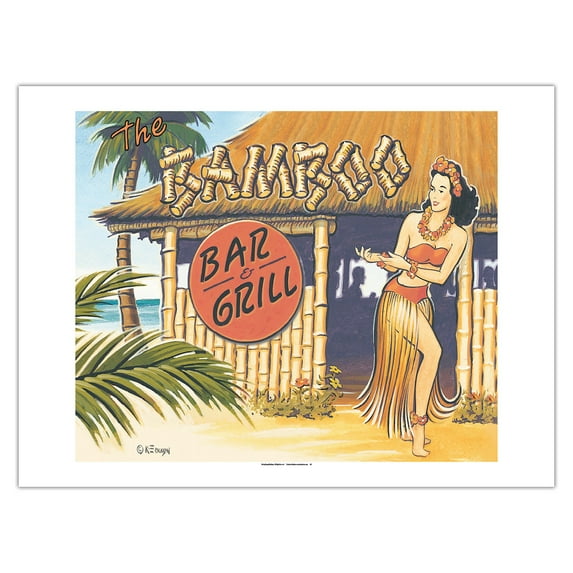 The Bamboo & Bar Grill - Hawaii Hula Dancer - Vintage Hawaiian Travel Poster by Kerne Erickson - Fine Art Matte Paper Print (Unframed) 24x32in