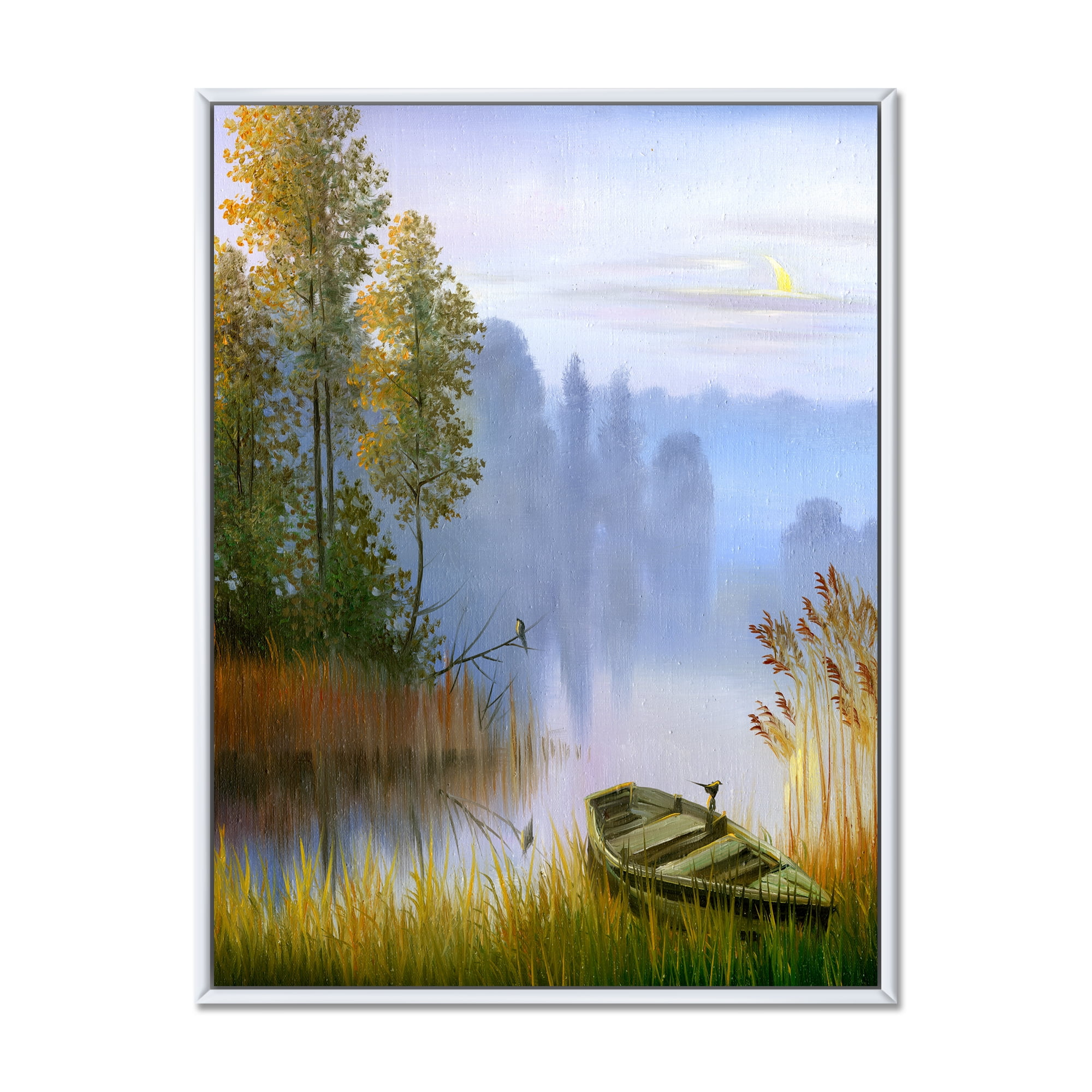 The Bank Of The Lake With The Boat 12 in x 20 in Framed Painting Canvas Art Print, by Designart