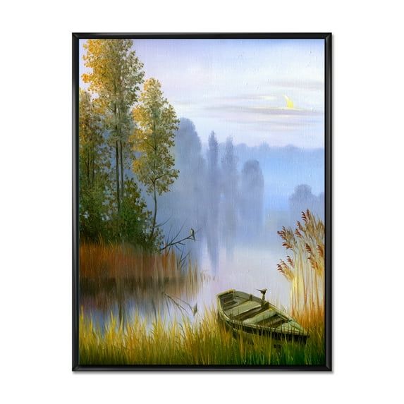 The Bank Of The Lake With The Boat 12 in x 20 in Framed Painting Canvas Art Print, by Designart