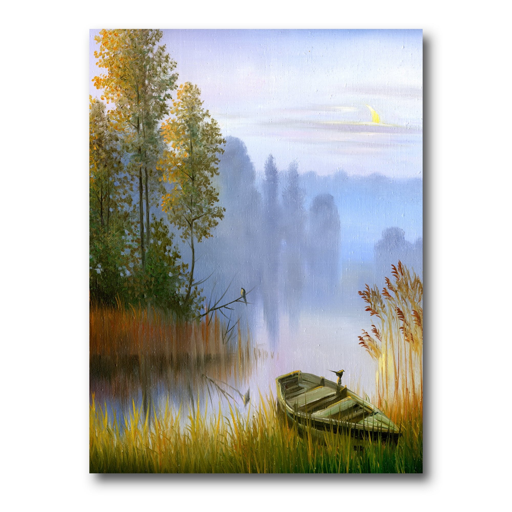 The Bank Of The Lake With The Boat 12 in x 8 in Painting Canvas Art Print, by Designart