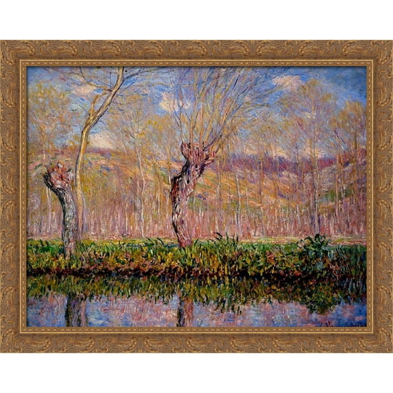 The Banks of the River Epte in Springtime 34x28 Large Gold Ornate Wood Framed Canvas Art by Claude Monet