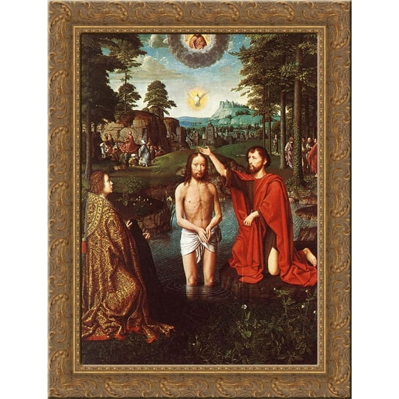 The Baptism of Christ (Central section of the triptych) 24x18 Gold Ornate Wood Framed Canvas Art by Gerard David