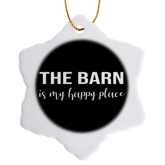 3drose, the Barn Is My Happy Place. White Lettering on a Black Background., 3 inch Snowflake Porcelain Ornament