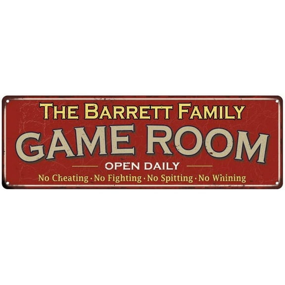 The Barrett Family Gift Red Game Room Metal 6x18 Sign 206180038679