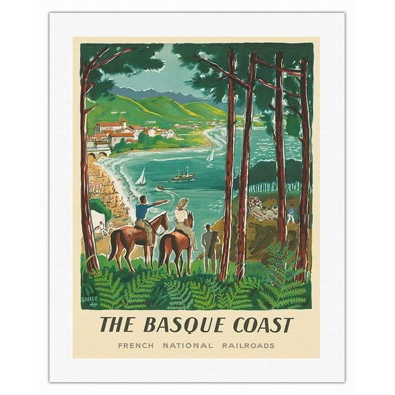 The Basque Coast - SNCF (French National Railway Company) - Vintage Railroad Travel Poster by Hervé Baille c.1950s - Fine Art Rolled Canvas Print 20in x 26in