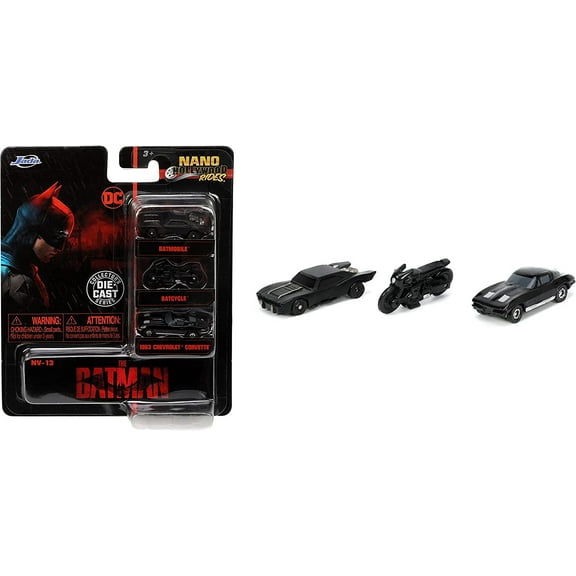 Jada Toys The Batman 1.65" Scale Nano Hollywood Rides: Batmobile, Batcycle, Chevy Corvette Die-Cast Vehicles 32043