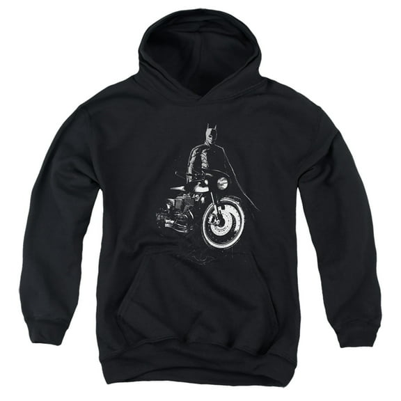 The Batman And His Motorcycle Kids Pull-Over Hoodie (Medium) for Youth Boys and Girls, Black