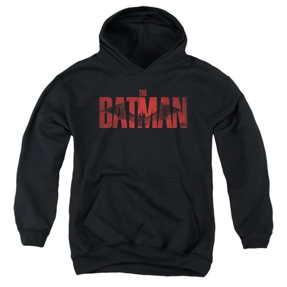 The Batman Crimson Drawn Bat Logo Kids Pull-Over Hoodie (Medium) for Youth Boys and Girls, Black