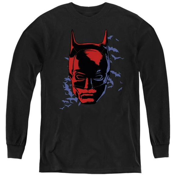 The Batman Shadowed Headshot Kids Long Sleeve T Shirt (Small) for Youth Boys and Girls, Black